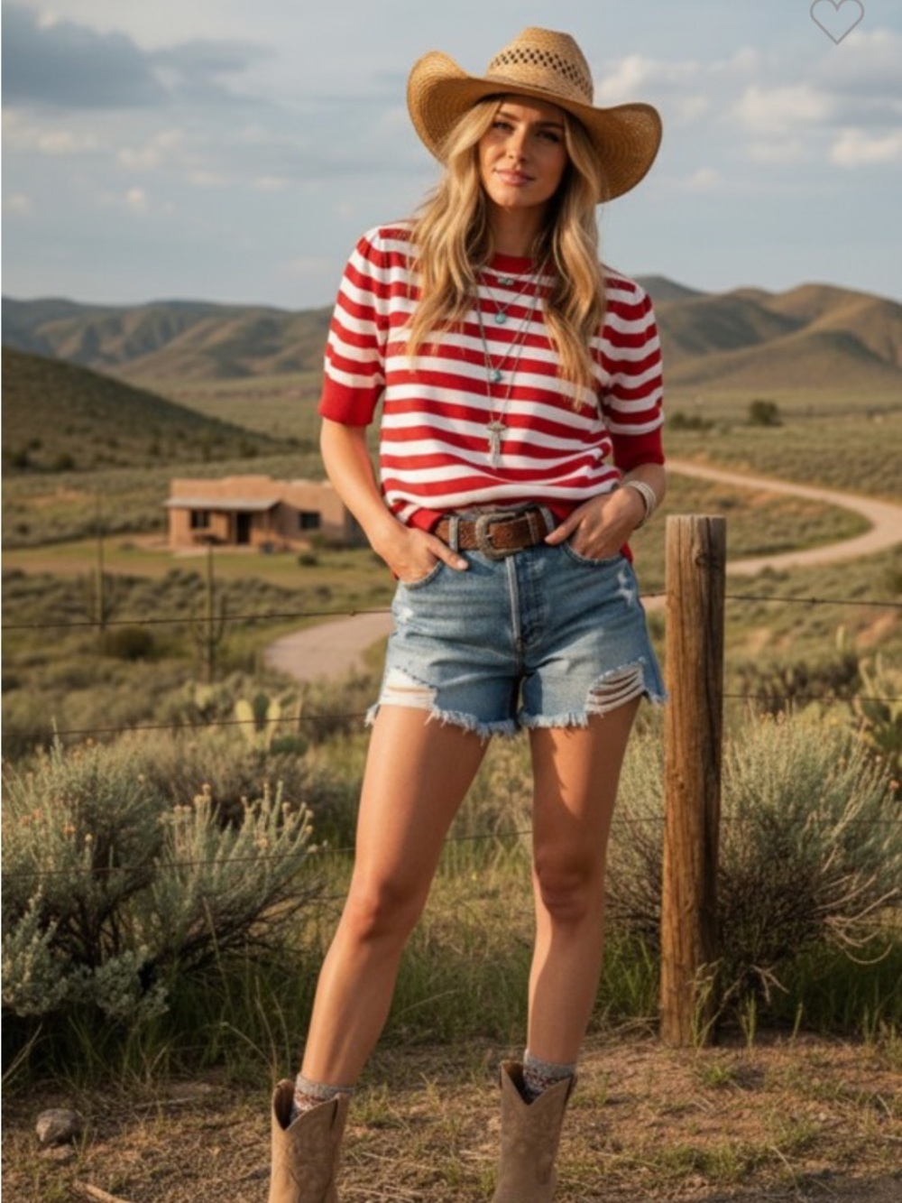 195. Striped short puff sleeve knit lightweight sweater red white